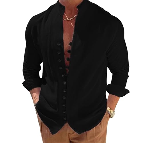 Puimentiua Leinenhemd Herren,Langarm Leinen Hemden,Sommer Freizeithemd,Sommerhemd mit Stehkragen und Knopfleiste (Schwarz,XXL) von Puimentiua