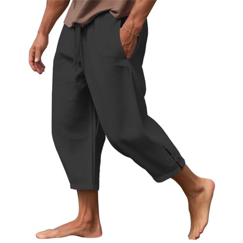 Puimentiua Leinenhose Herren,Leichte Sommerhose,Leinen Chino Hose,Sommer Freizeithose mit Tunnelzug und Taschen (Schwarz,5XL) von Puimentiua