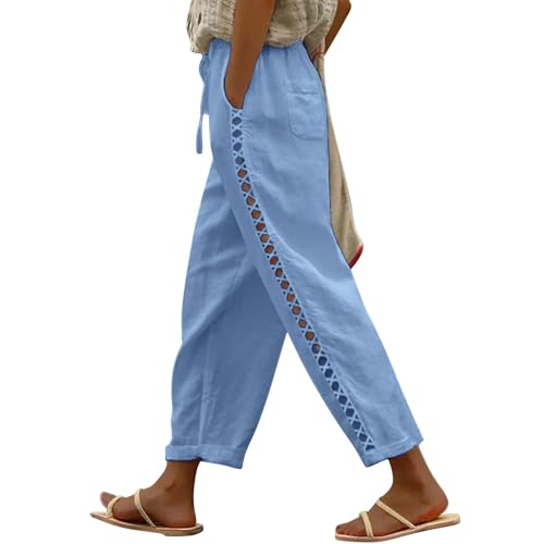 Puimentiua Sommerhose Damen Leicht,Sommer Leinenhose,7/8 Weiße Hose,Luftig Sommerhosen,High Waist Linen Pants,Elegant Stoffhose,Lockere Ausgehöhlt Hosen mit Tunnelzug und Taschen (Himmelblau,M) von Puimentiua