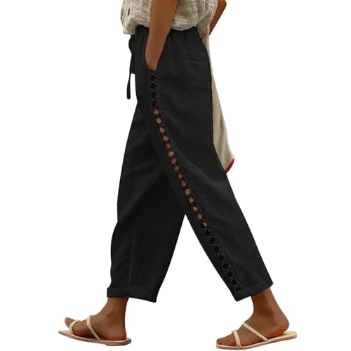 Puimentiua Sommerhose Damen Leicht,Sommer Leinenhose,7/8 Weiße Hose,Luftig Sommerhosen,High Waist Linen Pants,Elegant Stoffhose,Lockere Ausgehöhlt Hosen mit Tunnelzug und Taschen (Schwarz,XXL) von Puimentiua