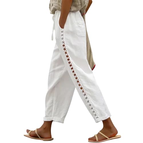 Puimentiua Sommerhose Damen Leicht,Sommer Leinenhose,7/8 Weiße Hose,Luftig Sommerhosen,High Waist Linen Pants,Elegant Stoffhose,Lockere Ausgehöhlt Hosen mit Tunnelzug und Taschen (Weiß,L) von Puimentiua
