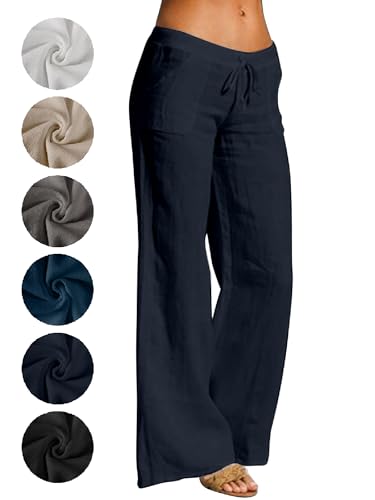 Puimentiua Leinenhose Damen,Leicht Sommerhose,Sommer Palazzo Hose,High Waist Schlaghose,Elegant Stoffhose,Women Linen Pants,Lockere Luftig Hose mit Wide Leg,Tunnelzug und Taschen (Dunkelblau,M) von Puimentiua