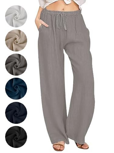 Puimentiua Sommerhose Damen Leicht,Sommer Weiße Leinenhose,Lockere Palazzo Hose,Luftig Elegant Stoffhose,Weite Bein Schlaghose,Women Wide Leg Linen Pants,High Waist Hose (Grau,XL) von Puimentiua