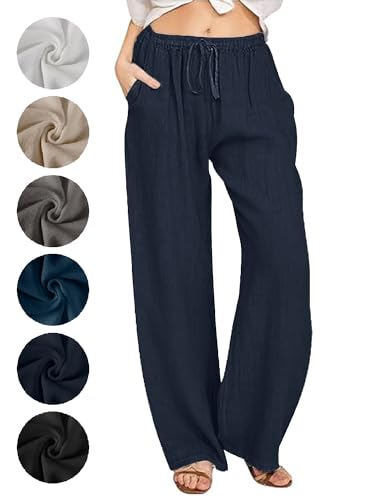 Puimentiua Sommerhose Damen Leicht,Sommer Weiß Palazzo Hose,Lockere Weit Leinenhose,Luftig Elegant Stoffhose,Weite Bein Schlaghose,Women Wide Leg Linen Pants,High Waist Sommerhosen (Dunkelblau,S) von Puimentiua