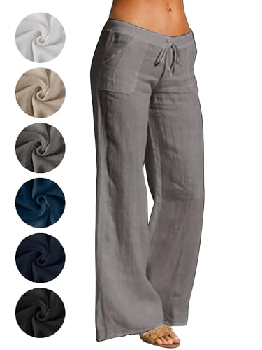 Puimentiua Leinenhose Damen,Leicht Sommerhose,Sommer Palazzo Hose,High Waist Schlaghose,Elegant Stoffhose,Women Linen Pants,Lockere Luftig Hose mit Wide Leg,Tunnelzug und Taschen (Grau,M) von Puimentiua