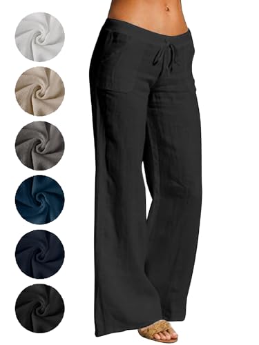 Puimentiua Leinenhose Damen,Leicht Sommerhose,Sommer Palazzo Hose,High Waist Schlaghose,Elegant Stoffhose,Women Linen Pants,Lockere Luftig Hose mit Wide Leg,Tunnelzug und Taschen (Schwarz,L) von Puimentiua