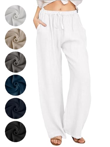 Puimentiua Sommerhose Damen Leicht,Sommer Weiße Leinenhose,Lockere Palazzo Hose,Luftig Elegant Stoffhose,Weite Bein Schlaghose,Women Wide Leg Linen Pants,High Waist Hose (Weiß,L) von Puimentiua