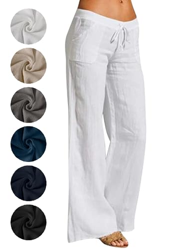 Puimentiua Sommerhose Damen Leicht,Sommer Weiß Leinenhose,High Waist Palazzo Hose,Luftig Elegant Stoffhose,Women Wide Leg Linen Pants,Lockere Schlaghose mit Weite Bein und Tunnelzug (Weiß,M) von Puimentiua