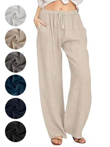 Puimentiua Sommerhose Damen Leicht,Sommer Weiß Leinenhose,High Waist Palazzo Hose,Luftig Elegant Stoffhose,Women Wide Leg Linen Pants,Lockere Schlaghose mit Weite Bein und Tunnelzug (Khaki,L) von Puimentiua