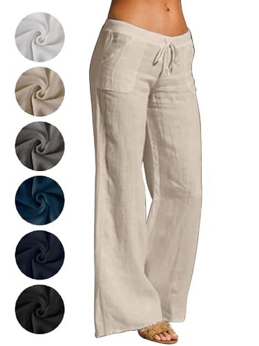 Puimentiua Sommerhose Damen Leicht,Sommer Weiß Leinenhose,High Waist Palazzo Hose,Luftig Elegant Stoffhose,Women Wide Leg Linen Pants,Lockere Schlaghose mit Weite Bein und Tunnelzug (Khaki,XL) von Puimentiua