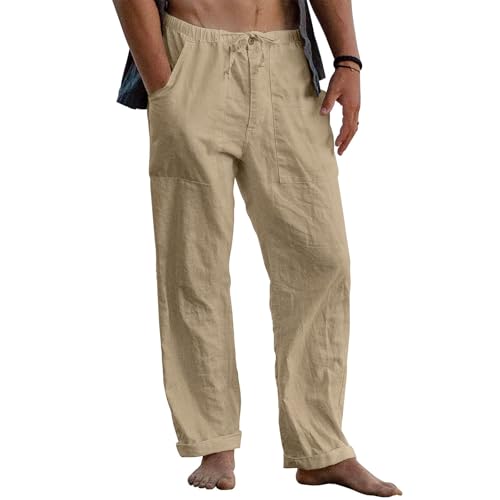 Puimentiua Leinenhose Herren,Lang Leichte Sommerhose,Loose Fit Sommer Leinen Hose,Baumwollehosen mit Tunnelzug und Reißverschluss (Dunkles Khaki,L) von Puimentiua