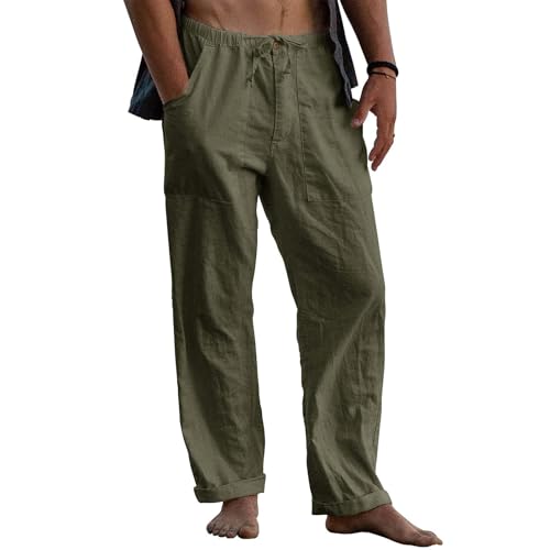 Puimentiua Leinenhose Herren,Lang Leichte Sommerhose,Loose Fit Sommer Leinen Hose,Baumwollehosen mit Tunnelzug und Reißverschluss (Grün,M) von Puimentiua