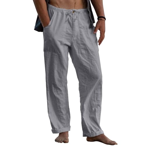 Puimentiua Leinenhose Herren,Lang Leichte Sommerhose,Loose Fit Sommer Leinen Hose,Baumwollehosen mit Tunnelzug und Reißverschluss (Hellgrau,M) von Puimentiua