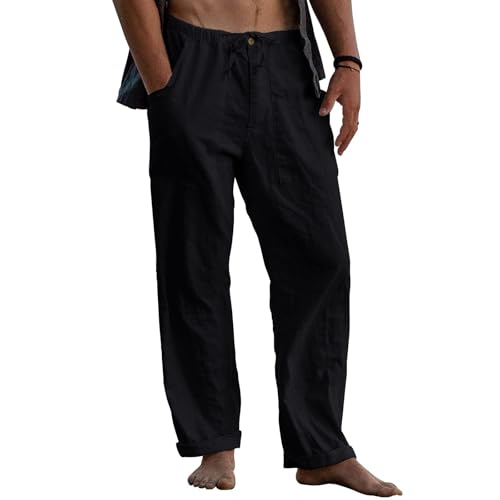 Puimentiua Leinenhose Herren,Lang Leichte Sommerhose,Loose Fit Sommer Leinen Hose,Baumwollehosen mit Tunnelzug und Reißverschluss (Schwarz,M) von Puimentiua