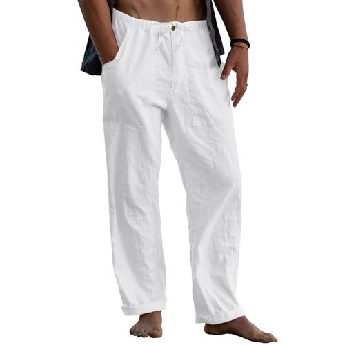 Puimentiua Leinenhose Herren,Lang Leichte Sommerhose,Loose Fit Sommer Leinen Hose,Baumwollehosen mit Tunnelzug und Reißverschluss (Weiß,L) von Puimentiua