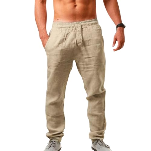 Puimentiua Leinenhose Herren,Lang Leichte Sommerhose,Schmal Fit Baumwollehosen mit Tunnelzug und Taschen (Khaki,XXL) von Puimentiua