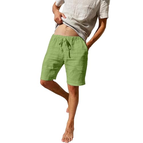Puimentiua Leinenhose Herren Kurz,Sommer Leinen Shorts,Kurze Hosen,Loose Fit Baumwollehose mit Tunnelzug und Taschen (Fruchtgrün,3XL) von Puimentiua