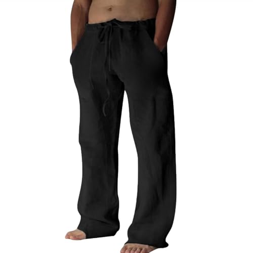 Puimentiua Leinenhose Herren,Lang Leichte Sommerhose,Sommer Leinen Hosen,Loose Fit Baumwollehosen mit Tunnelzug und Taschen (Schwarz,S) von Puimentiua