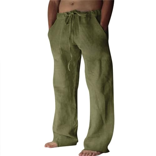 Puimentiua Leinenhose Herren Lang Leicht Sommerhose Übergröße Freizeithose Loose Fit Strandhosen Einfarbig Loungewear,Armeegrün,3XL von Puimentiua