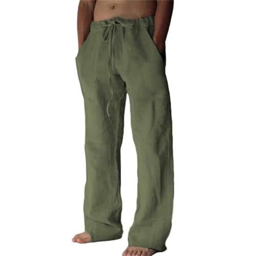 Puimentiua Leinenhose Herren,Lang Leichte Sommerhose,Sommer Leinen Hosen,Loose Fit Baumwollehosen mit Tunnelzug und Taschen (Armeegrün,3XL) von Puimentiua