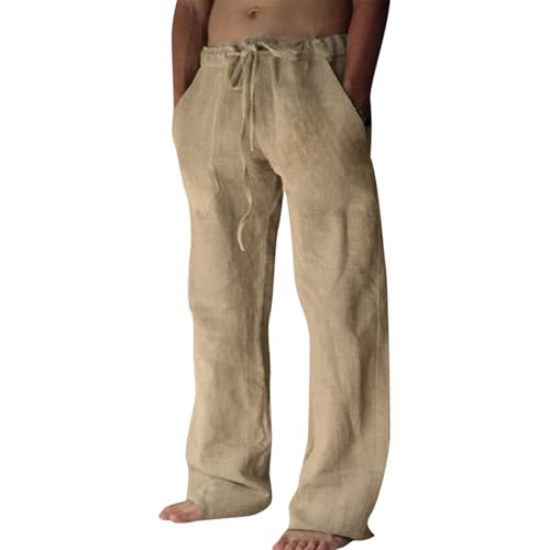 Puimentiua Leinenhose Herren,Lang Leichte Sommerhose,Sommer Leinen Hosen,Loose Fit Baumwollehosen mit Tunnelzug und Taschen (Kaffee,S) von Puimentiua