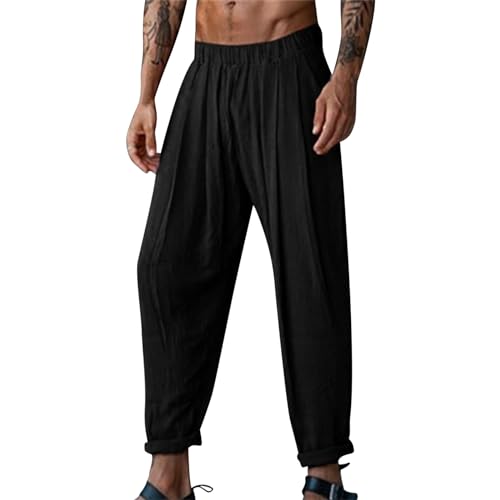 Puimentiua Leinenhose Herren für Sommer, Lockere Freizeithose Leicht Haremshose mit Elastischem Bund von Puimentiua