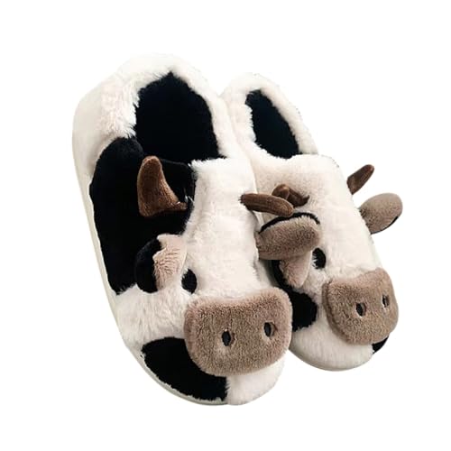 Puimentiua Plüsch Kuh Hausschuhe,Flauschige Cow Slippers,Fluffy Tiere Pantoffeln,Cartoon Kuschel Slides für Winter (C- Weiß,42-43 EU) von Puimentiua