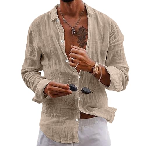 Puimentiua Leinenhemd Herren,Langarm Sommerhemd,Sommer Leinen Hemden mit Classic Kragen und Knopfleiste (Khaki,L) von Puimentiua