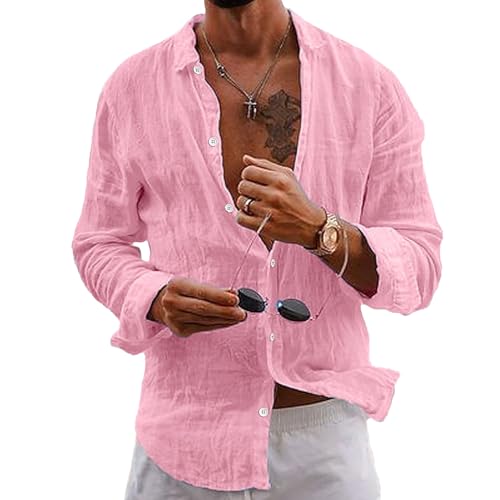 Puimentiua Leinenhemd Herren,Langarm Sommerhemd,Sommer Leinen Hemden mit Classic Kragen und Knopfleiste (Rosa,XXL) von Puimentiua