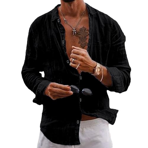 Puimentiua Leinenhemd Herren,Langarm Sommerhemd,Sommer Leinen Hemden mit Classic Kragen und Knopfleiste (Schwarz,XL) von Puimentiua