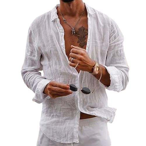 Puimentiua Leinenhemd Herren,Langarm Sommerhemd,Sommer Leinen Hemden mit Classic Kragen und Knopfleiste (Weiß,3XL) von Puimentiua
