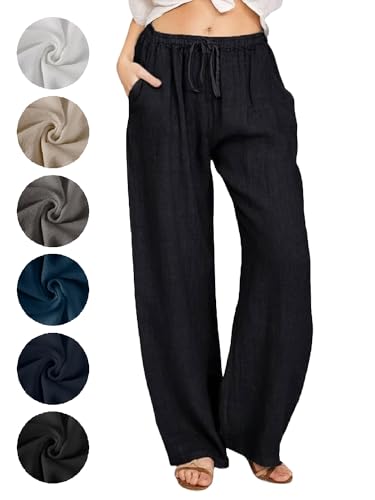 Puimentiua Leinenhose Damen,Leicht Sommerhose,Sommer Palazzo Hose,High Waist Schlaghose,Elegant Stoffhose,Women Linen Pants,Lockere Luftig Hose mit Wide Leg,Tunnelzug und Taschen (Schwarz,M) von Puimentiua