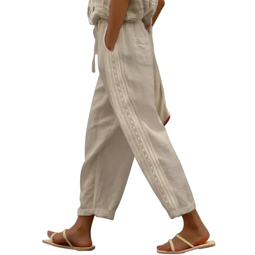 Puimentiua Sommerhose Damen Leicht,7/8 Weiß Leinenhose,Sommer High Waist Hosen,Elegant Stoffhose,Women Linen Lace Pants,Luftig Lockere Spitze Hose mit Tunnelzug und Taschen (02- Khaki,L) von Puimentiua