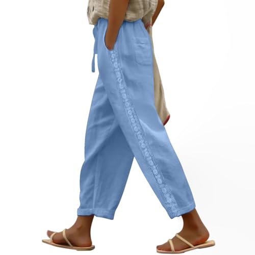 Puimentiua Sommerhose Damen Leicht,Dünne Leinenhose Sommer,Lockere Luftig Sommerhosen,Elegante Spitze 7/8 Hose Damen,High Waist Linen Pants Mit Tunnelzug Und Taschen (Himmelblau,S) von Puimentiua