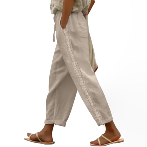 Puimentiua Sommerhose Damen Leicht,Dünne Leinenhose Sommer,Lockere Luftig Sommerhosen,Elegante Spitze 7/8 Hose Damen,High Waist Linen Pants Mit Tunnelzug Und Taschen (Khaki,XXL) von Puimentiua