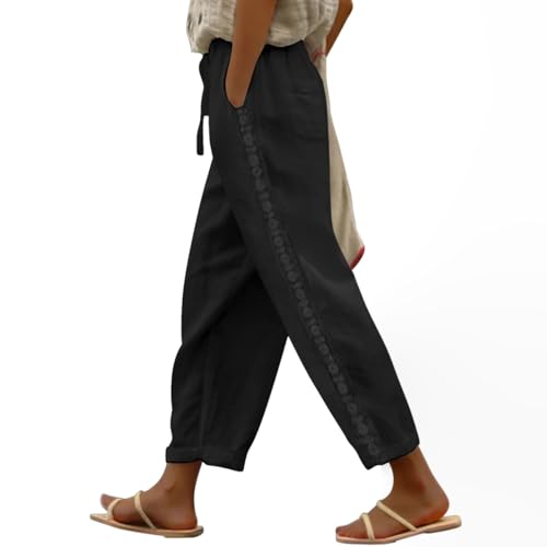 Puimentiua Sommerhose Damen Leicht,Dünne Leinenhose Sommer,Lockere Luftig Sommerhosen,Elegante Spitze 7/8 Hose Damen,High Waist Linen Pants Mit Tunnelzug Und Taschen (Schwarz,M) von Puimentiua