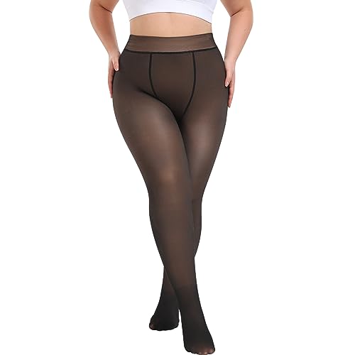 Puimentiua Übergroße Thermo Strumpfhose Damen Gefütterte Leggings Winter Warme Fleece Durchscheinend Pantyhose für 40~85KG,A- Schwarz,Dickes Fleecefutter(-5~10℃),L-XL von Puimentiua