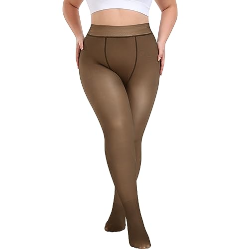 Puimentiua Übergroße Thermo Strumpfhose Damen Gefütterte Leggings Winter Warme Fleece Durchscheinend Pantyhose für 40~85KG,B- Kaffee,Dickes Fleecefutter(-5~10℃),L-XL von Puimentiua