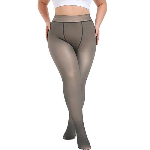 Puimentiua Übergroße Thermo Strumpfhose Damen Gefütterte Leggings Winter Warme Fleece Durchscheinend Pantyhose für 40~85KG,C- Grau,Dickes Fleecefutter(-5~10℃),L-XL von Puimentiua