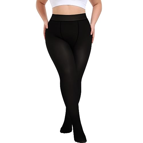 Puimentiua Übergroße Thermo Strumpfhose Damen Gefütterte Leggings Winter Warme Fleece Durchscheinend Pantyhose für 40~85KG,D- Blickdichtes Schwarz,Kein Fleecefutter(15~25℃),S-M von Puimentiua