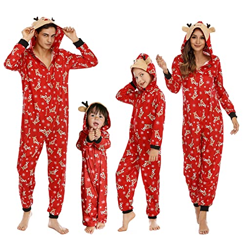 Puimentiua Weihnachten Familie Pyjamas Weihnachtspyjama Familie Set Weihnachtsschlafanzüge Damen Herren Kinder Weihnachten Jumpsuit, Einteiler Schlafanzüge mit Kapuze,Roter Elch Herren,Size M von Puimentiua