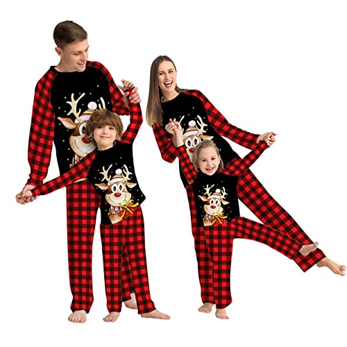 Puimentiua Weihnachtspyjama Familie Set Weihnachten Zweiteiliges Pyjama Weihnachtsschlafanzüge Damen Männlich Mädchen (Langarmshirt + Hose),05- Hut Elch & Plaid,Herren,4XL von Puimentiua