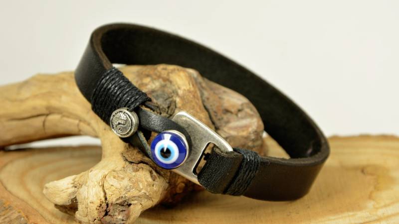 Böses Auge Armband Ying Yang Manschette Damen Und Herren Leder Geschenk Für Ihn Evileye Schmuck Nazar Schutz Handmade Good Vibes Blaues von PukkaMen