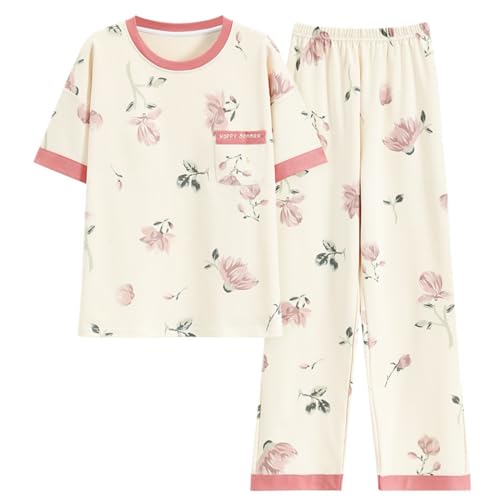 Pulaikehua Kawaii Loungewear Frauen Pyjamas Lange Ärmel oder Kurze Ärmel Netter Pyjama Sommer oder Winter Baumwolle O-Ausschnitt Nachtwäsche (223304,XL) von Pulaikehua