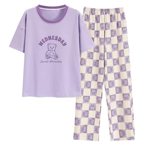 Pulaikehua Kawaii Loungewear Frauen Pyjamas Lange Ärmel oder Kurze Ärmel Netter Pyjama Sommer oder Winter Baumwolle O-Ausschnitt Nachtwäsche (223307,XXL) von Pulaikehua