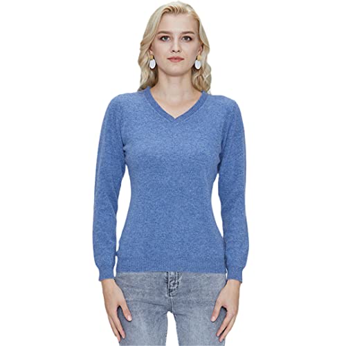 Damen Merino Wolle Strickpullover Pullover V-Ausschnitt Langarm Weiche Warm Wolle Pullover, Blume/Blau, M von Pulcykp