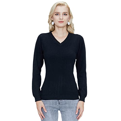 Damen Merino Wolle Strickpullover Pullover V-Ausschnitt Langarm Weiche Warm Wolle Pullover, Schwarz , XX-Large von Pulcykp