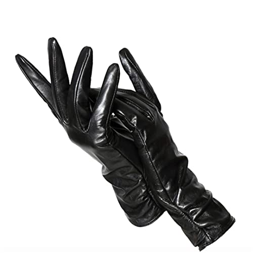 Pulcykp Faltige Lederhandschuhe Damen Farbige Lederhandschuhe Damen Faux Schaffell Winterhandschuhe, Schwarz, 6.5 von Pulcykp