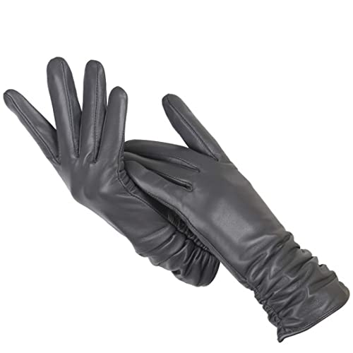 Faltenlederhandschuhe Damen Farbige Lederhandschuhe Damen Kunstfell Schaffell Winterhandschuhe Dunkelgrau 8,5 von Pulcykp