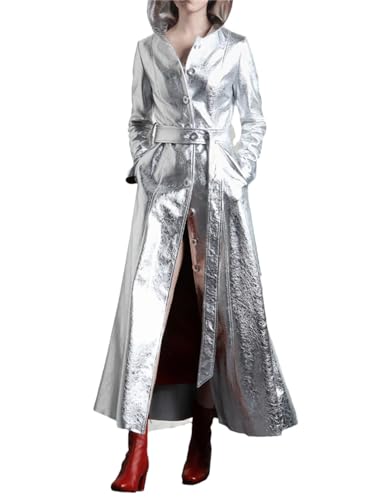 Herbst lange glänzende reflektierende Pu Leder Trenchcoat für Frauen mit Kapuze Mode Mantel, silber, 50 Herbst lange glänzende reflektierende Pu Leder Trenchcoat für Frauen mit Kapuze Mode Mantel, silber, 50 von Pulcykp